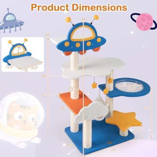 PETSITE 49-inch Cat Tree for Indoor Cats, Space-Themed Multi-Level Cute Cat Tree Tower with Sisal Scratching Posts, UFO Top Perch, Space Capsule, Cloud & Star Platforms, Dangling & Spring Balls