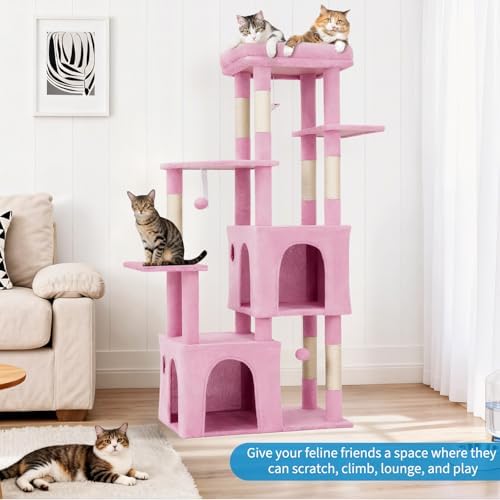 Garvee 61" Multi-Level Cat Tree for Indoor Cats, Heavy-Duty Tower for Large Adult & Maine Coon Cats with Extra-Large Perch, 2 Spacious Condos, Natural Sisal Scratch Posts & Play Toys – Pink