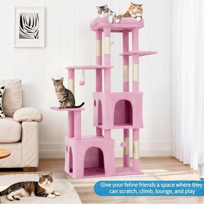 Garvee 61" Multi-Level Cat Tree for Indoor Cats, Heavy-Duty Tower for Large Adult & Maine Coon Cats with Extra-Large Perch, 2 Spacious Condos, Natural Sisal Scratch Posts & Play Toys – Pink