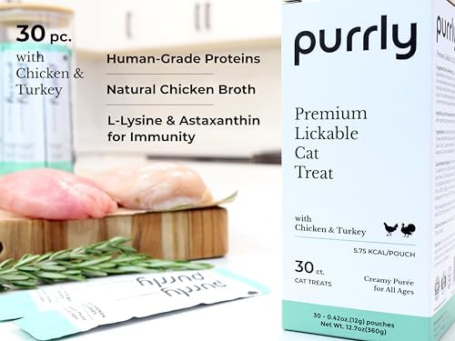 Purrly Interactive Lickable Cat Treats Low Calorie Human-Grade Chicken Breast & Turkey with L-Lysine & Astaxanthin for Immunity (30 Count) Hydrating BPA-Free Grain-Free Non-GMO All Ages Low-Phosphorus