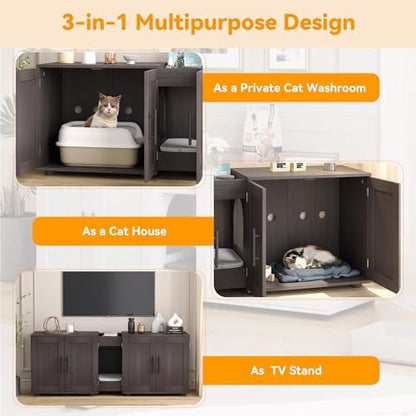 Garvee Cat Litter Box Enclosure for 2 Cats, 55" Hiddden Litter Box Enclosure Furniture 3-in-1 Wooden Litter Cabinet with Barn Door & Double Rooms for Bedroom Living Room,Walnut