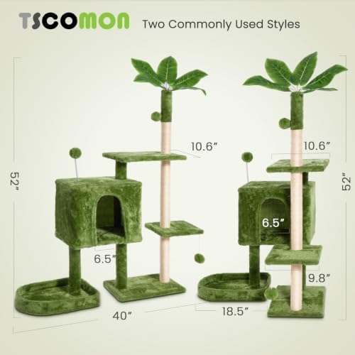 52inch Large Cat Tree Tower Condo with Hammock for Indoor Cats, Soft Plush Multi-Level Climbing Tree Cat House with Cat Cave, Scratching Post, Sisal Rope, Green