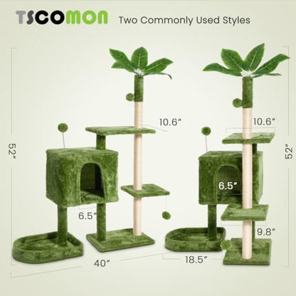 52inch Large Cat Tree Tower Condo with Hammock for Indoor Cats, Soft Plush Multi-Level Climbing Tree Cat House with Cat Cave, Scratching Post, Sisal Rope, Green