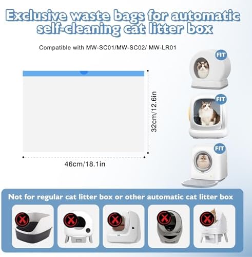 60 Count Self-Cleaning Cat Litter Box Liners Compatible With MW-SC01/SC02/SC09/LR01/LR02, Drawstring Heavy Duty Kitty Waste Bags Disposable Receptacles Bags Trash Bag -18" x 12.6"