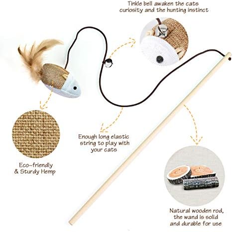 3-Piece Natural Wooden Cat Teaser Wand Toy Kit with 5 Silvervine Sticks and Elastic String Cat Pole Toy with Bell and Feather