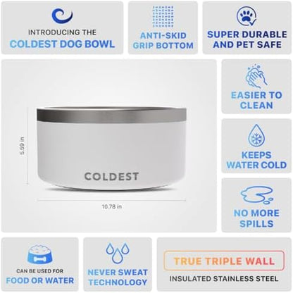 Coldest Dog Bowl - Anti Rust Metal, Non Slip, 3 Layers Insulated Stainless Steel Dog Bowls - Spill Proof & Heavy Duty - Water Bowl for Dogs, Cats & Pets, Dish Washer Safe (200 oz, Epic White)