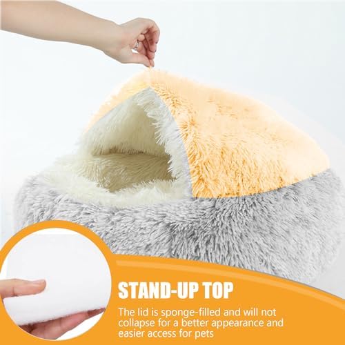 SUOXU Cat Beds for Indoor Cats,Plush Hooded Cat Cave for Puppy Kitty Small Dog Bed,Removable Washable Non-Slip Bottom Self Warming Round Fluffy Faux Fur Super Soft Calming Sleeping Pet Bed(Gray)
