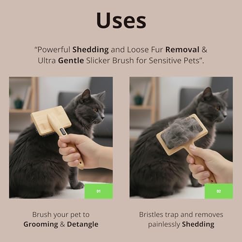 Removes Loose Fur & Tangles Fast | Dog & Cat Slicker Brush | Bamboo Deshedding Tool for All Coat Types | Gentle & Eco-Friendly Grooming