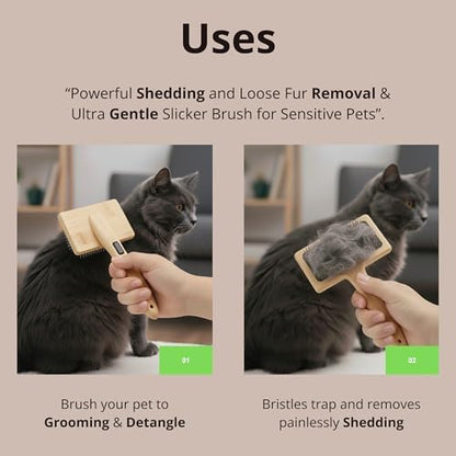 Removes Loose Fur & Tangles Fast | Dog & Cat Slicker Brush | Bamboo Deshedding Tool for All Coat Types | Gentle & Eco-Friendly Grooming