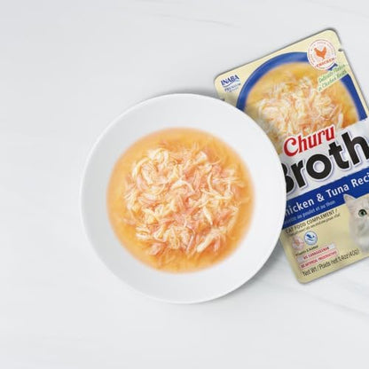 INABA Churu Broth for Cats, Side Dish Pouch, 1.4 Ounces per Pouch, 12 Pouches, Chicken and Tuna Variety