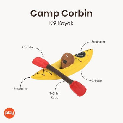 P.L.A.Y. Cute Plush Dog Toys - Camping, Outdoor Themed Durable Squeaker Chew Toy, Great for Puppies & Small, Medium, Large Dogs - Machine Washable, Recycled Materials (Camp Corbin K9 Kayak)