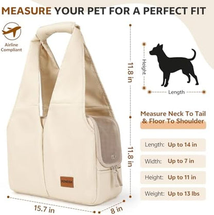 Dog Purse Carrier for Small Dogs and Cats, Soft-Sided Pet Tote Bag with 6 Large Pockets, Collapsible Travel Puppy Carrier, Fits Pets up to 13 lbs (Beige, 15.7" L x 8" W x 11.8" H)