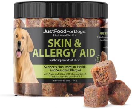 JustFoodForDogs Skin & Allergy Aid, Dog Allergy Chews for Skin & Coat -45Ct