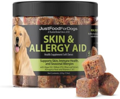 JustFoodForDogs Skin & Allergy Aid, Dog Allergy Chews for Skin & Coat -45Ct