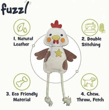 Fuzzl Eco Leather Charlie Chicken Natural and Tough Dog Toys - Long Lasting Chew Toys for Moderate Chewers - Strong Dog Toy for Dogs and Puppy with Natural Jute Filling and Double Stitching