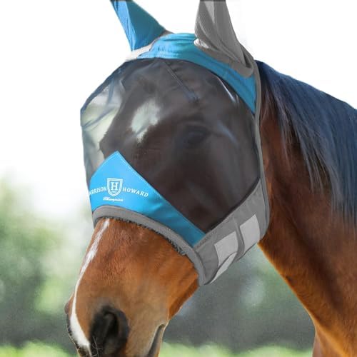 Harrison Howard Pro Luminous Horse Fly Mask Standard with Ears UV Protection for Horse Azure Blue/Silver Small Pony
