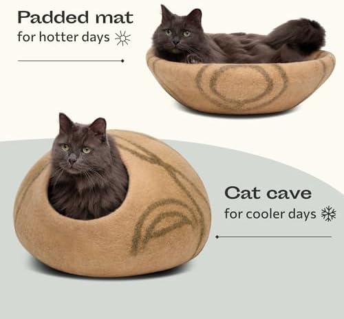 MEOWFIA Cat Cave - Merino Wool Bed for Indoor Cats (Beige, Medium)