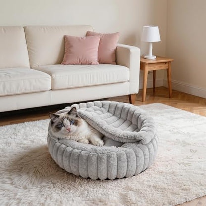 Cat Beds for Indoor Cats, 2 in 1 Cat Cave Bed Kitten Bed for Small Pets, Small Dog Bed with Cover, Pet Bed for Puppy and Kitten with Anti-Slip Bottom-Light Gray-24 inches