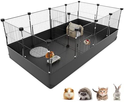 Tresbro Guinea Pig Cage with Waterproof PVC Bottom Liner & One-Hand Release Hook, Triple Fixing C&C Cage for Guinea Pigs, Bunny, Rabbit, Hedgehog, Small Animal Indoor Playpen 48''L x 24''W x 16''H