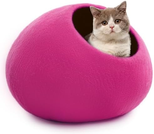 Woolygon Premium Felt Cat Cave Bed – Wool Kitty Beds Handcrafted Kitten Caves Bed for Indoor Cats - Made from Merino Wool, Foldable Cat Hideaway Covered Cat House Pod (Pink Plain)