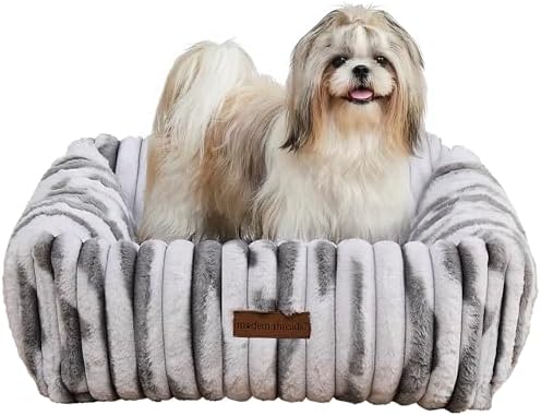 Modern Threads Ribbed Plush Two-Tone Cuddler Dog Bed, Ultra-Soft Faux Rabbit Fur, Supportive Bolstered Sides, Removable Washable Cover, Bed for Small to Medium Dogs, Silver, (24" L x 20" W x 8" Th)