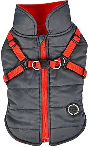 Puppia Mountaineer Winter Dog Coat with Integrated Harness No Pull Cold Weather Waterproof Warm Fleece Back Zipper for Small & Medium Dog, Grey, Medium