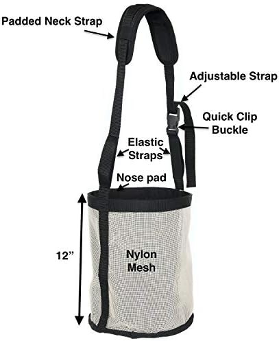 Majestic Ally Horse Feed Bag, Heavy Duty Nylon Mesh Grain Feed Bag, Adjustable Strap with Durable Snap and Elastic Straps, Comfort Neck Pad and Nose Pad- Large (Pony, Beige)