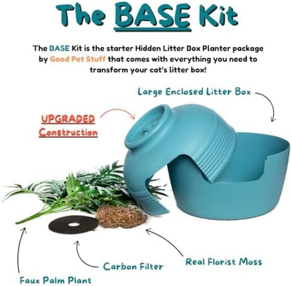 Good Pet Stuff Original Hidden Litter Box Planter, Decorative Cat Litter Enclosure with Carbon Filter, Artificial Palm Plant, Upgraded Design, Easy to Clean, Base Kit, Caribbean Blue