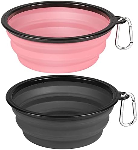 Kytely Large Collapsible Dog Bowls 2 Pack, 34oz Foldable Dog Travel Bowl, Portable Pet Water Food Bowl with Clasp, Pet Cat Feeding Cup Dish for Traveling, Walking, Hiking (Pink+Grey)
