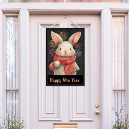 Happy New Year Garden Flag 12x18 Double Sided Vertical Linen Small Fireworks Rabbit House Flag Welcome Holiday Winter House Outdoor Outside Decorations (27179)