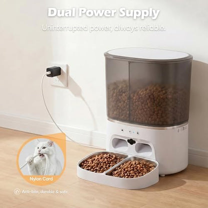 Automatic Cat Feeder with Camera, Automatic Dog Feeder Dry Food, 8L Dual Hopper Auto Cat Food Dispenser, 1080P HD Video with Night Vision/2-Way Audio/APP, 5G WiFi Pet Feeder with Low Food Tray-White