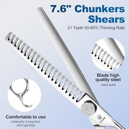 GLADOG Luxury Dog Grooming Scissors Set - 7" Straight, 6.5" Thinning, 7" Chunkers, 7" Curved - 9CR Steel, Silver Luxe, Right Hand, Plastic Handle, 4 Count