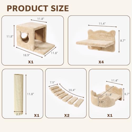 Cat Wall Furniture, 9 in 1 Cat Wall Shelves Set with Bridge, Beige