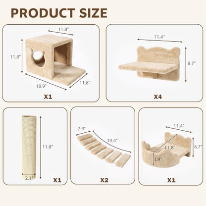 Cat Wall Furniture, 9 in 1 Cat Wall Shelves Set with Bridge, Beige