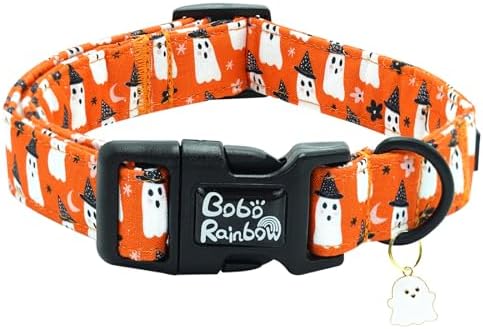 Halloween Dog Collar-Orange Ghost Print Pet Collar Fall Adjustable Cute Soft Collars Holiday Comfortable Lightweight Quick-Release Buckle Puppy Collars for X-Small Dogs