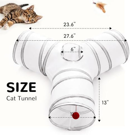 Tempcore Cat Tunnel, 3-Way Collapsible Toy for Indoor Cats, White & Grey