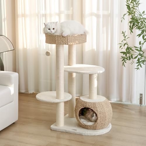 KAMABOKO Modern Cat Tree, Hand-Woven Condo & Top Perch,cat Houses & Condos