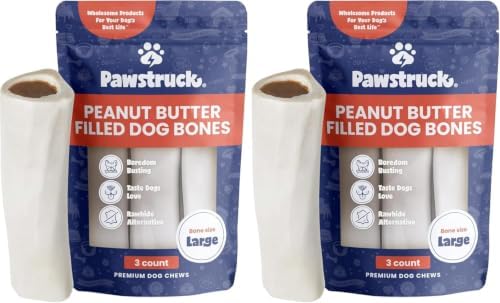 Pawstruck Large 5"-6" Filled Dog Bones, Peanut Butter Flavor - Made in USA, Long Lasting Stuffed Femur for Aggressive Chewers, Dental Treat - 6 Count