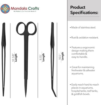 Mandala Crafts Black 10 Inch Aquascaping Tools Kit for Aquarium Terrariums