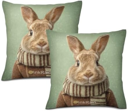 InkRain Winter Animal Cute Rabbit Pillow Cover 26x26 Inch Set of 2 Home Decor Decorative Cotton Linen Illustration Pillowcases for Living Room House Sofa