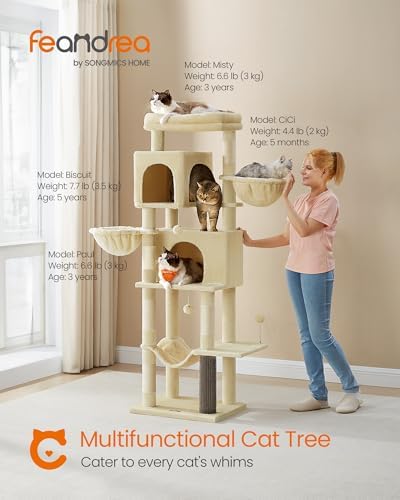 Feandrea Cat Tree, 69-in Large Cat Tower, Multi-Level Condo, Sand Beige