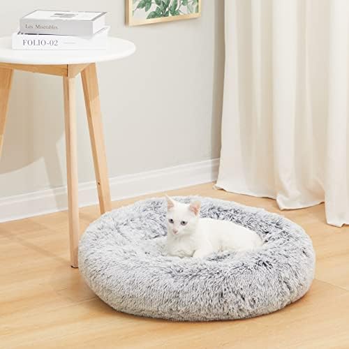 Bedfolks Calming Fluffy Donut Dog Bed for Small Dogs,Dark Grey, 23" Round