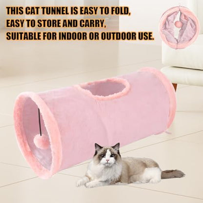 Cat Tunnel,Indoor Cat Play Tube Toys with Play Ball,Durable Collapsible Rabbit Hideaway Tunnel for Kitten,Bunny, Guinea Pig, Rat, Hamster, Ferret, Chinchilla (Pink)