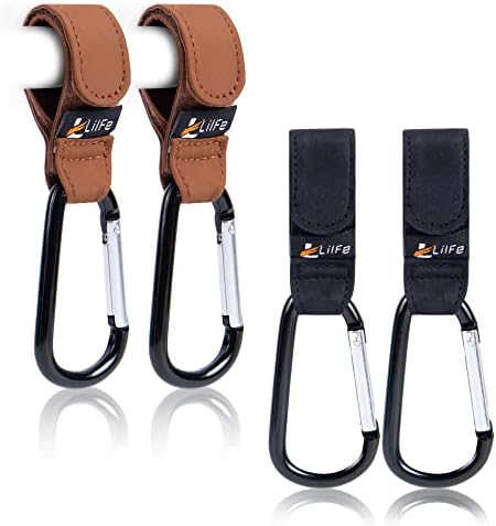 4 Pack Baby Stroller Hooks for Hanging | Multipurpose Stroller Straps with Durable and Stylish Stroller Clips for Diaper Bags | The Perfect Mummy Hook for Stroller, Walker and Shopping (Brown & Black)