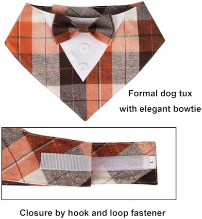 ADOGGYGO Fall Dog Tuxedo Bandana, Plaid Thanksgiving Dog Bow Tie Collar, M