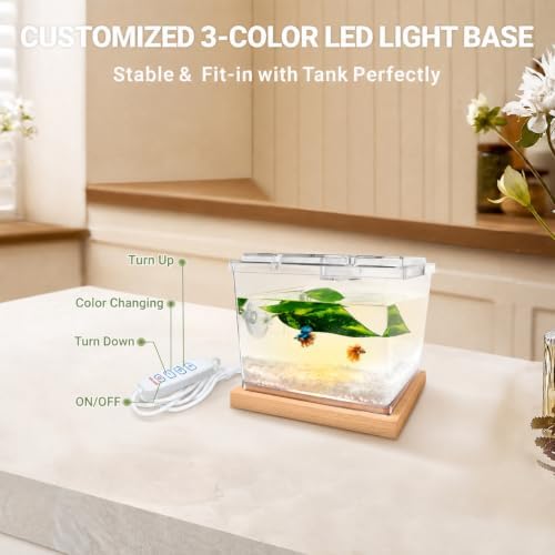 MoonOrange Mini Betta Fish Tank Kit with LED Light Base, Small Fish Bowl for Temporary Space, 0.2 Gallon Stackable Cube Tank with Betta Leaf for Small Fish, Insect, Shrimp, Crab, Spider (Kit-1)