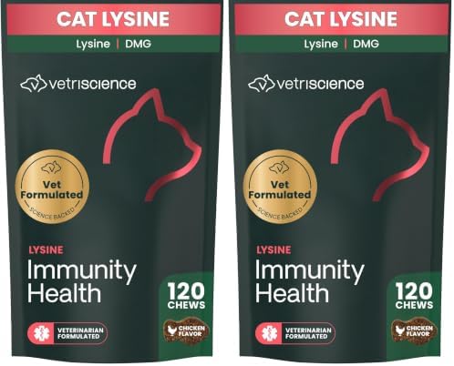 VetriScience Lysine Immunity Health Chews, 250 mg Lysine Plus Immune Supplement for Cats and Kittens with Allergies, Sneezing, Runny Nose and Watery Eyes, Chicken, 120 Count (Pack of 2)