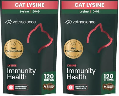 VetriScience Lysine Immunity Health Chews, 250 mg Lysine Plus Immune Supplement for Cats and Kittens with Allergies, Sneezing, Runny Nose and Watery Eyes, Chicken, 120 Count (Pack of 2)