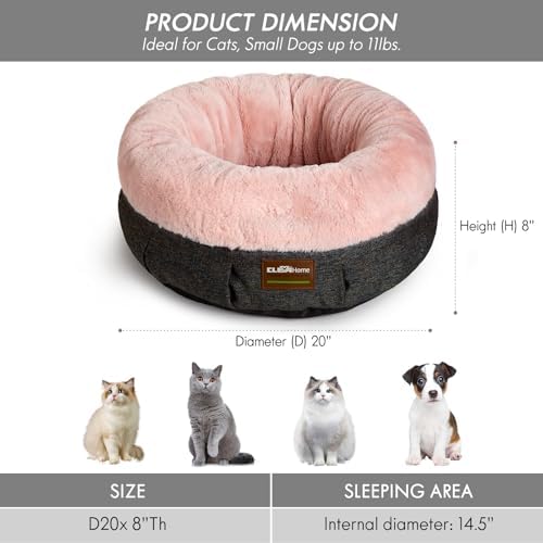 ClevaHome Calming Soft Plush Donut Cat Bed, Fluffy Round Cat Bed for Indoor Cats, Washable Kitten Bed with Plush Faux Fur, Anti-Slip Bottom, Blush Pink