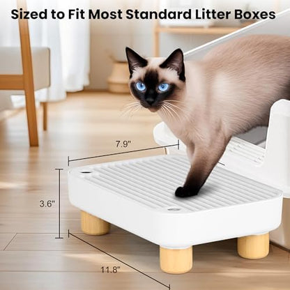 Litter Box Step, Litter Box Ramp/Catcher with Wooden Base, Anti-Tracking & Easy to Clean, Ideal for Small & Elderly Cats 11.8"x7.9"x3.6" (White)